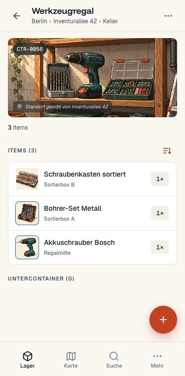 Inventarliste im Werkzeugregal mit Item-Fotos, Mengen und geerbtem Aufbewahrungsort