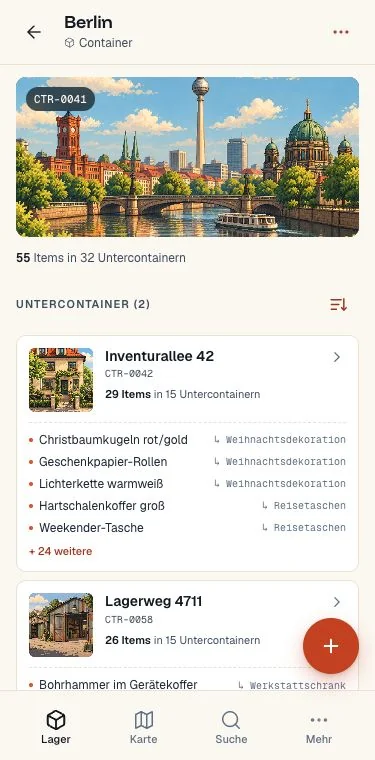 meinInventar-App mit verschachtelten Containern und Inhaltsvorschau im Berlin-Demo-Inventar